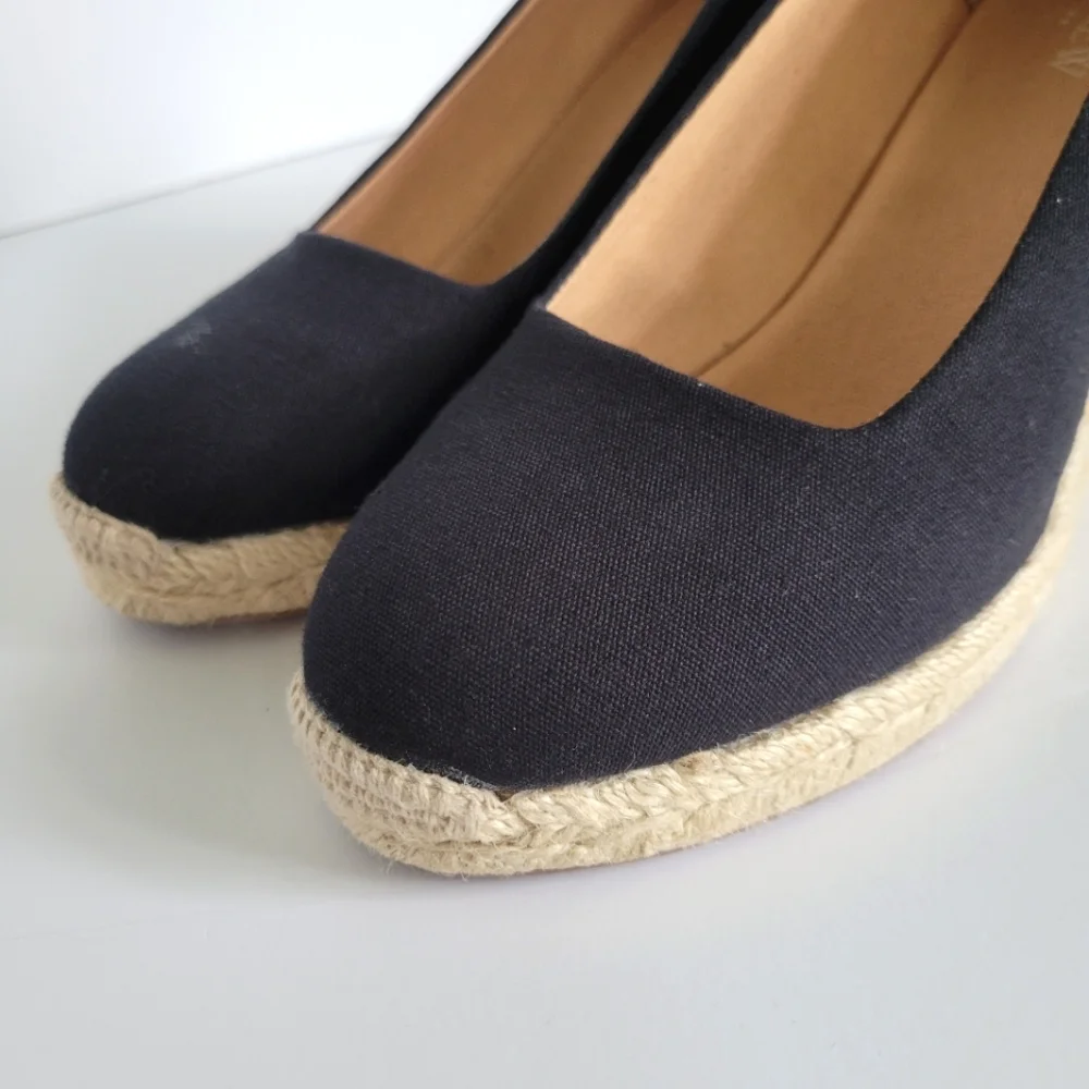 J. Crew Black Canvas Espadrille Wedge Pumps with Natural Jute